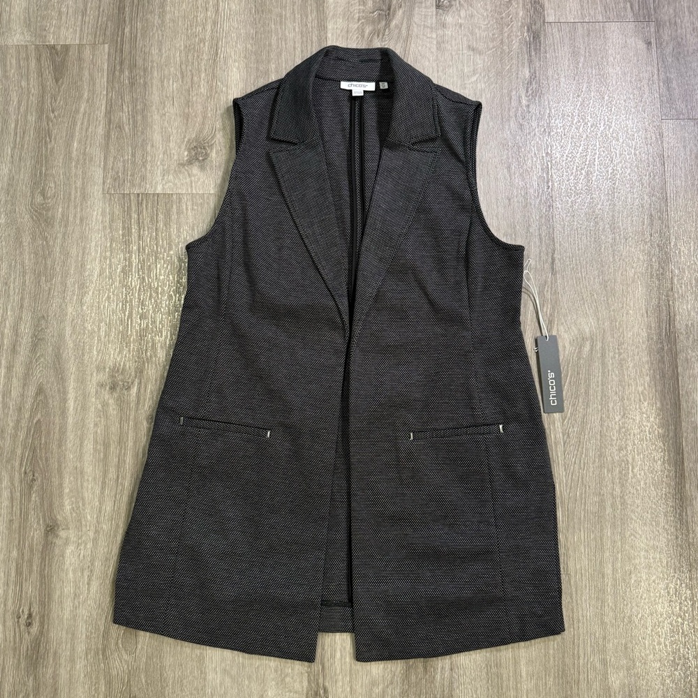 NWT Chicos Ponte Knit Vest Women Size 4P / Small Black White Structured Collar